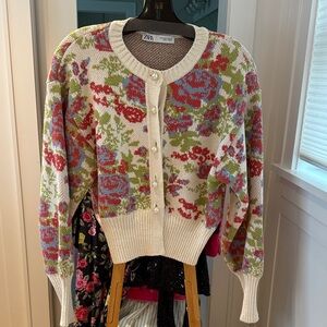 Zara Women's Floral Knit Cardigan - Cream, Red, Green, Blue